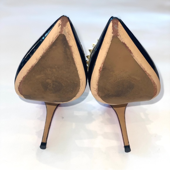 Francesco Sacco Black Patent w/Gold Studs & Red Trim, Ankle Strap, Sz 7.5, Italy - Picture 15 of 15